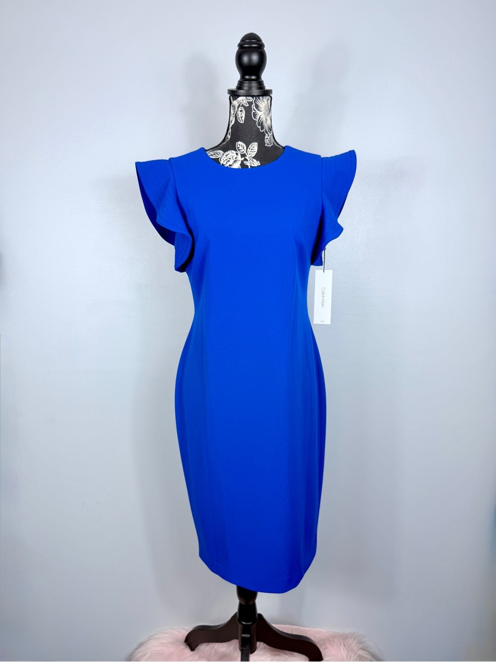 NWT Calvin Klein royal blue flutter sleeve stretch sheath midi dress size 8